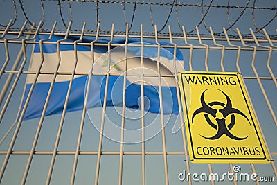 Coronavirus biohazard sign with flag of Nicaragua as a background. Nicaraguan medical quarantine, conceptual 3D Stock Photo