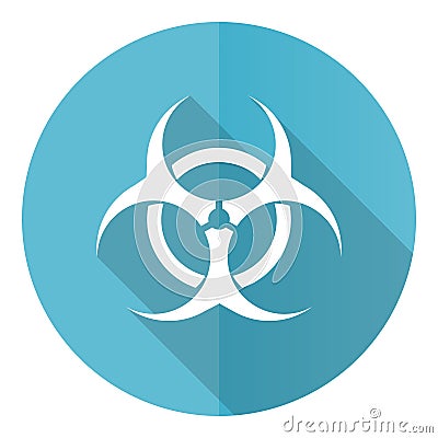 Biohazard vector icon, flat design blue round web button isolated on white background Vector Illustration