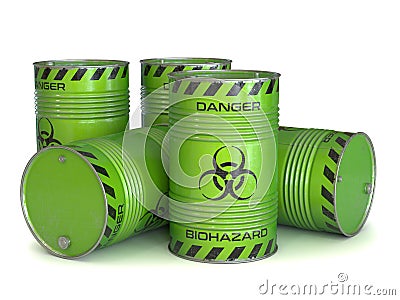Biohazard waste green barrels with biohazard symbol 3d rendering Cartoon Illustration