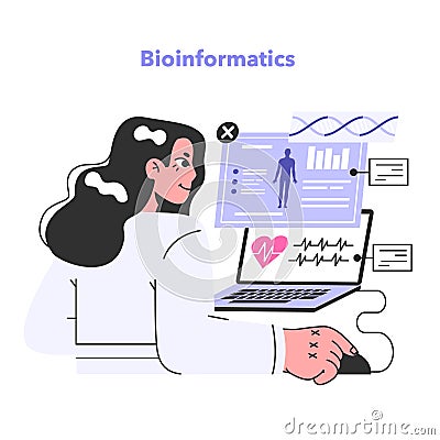 Bioinformatics. IT medical service, computation and analysis of bio data. Cartoon Illustration