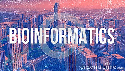 Bioinformatics theme with abstract network patterns and skyscrapers Stock Photo