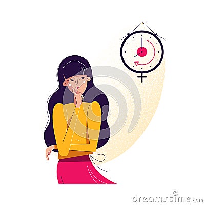 Biological clock concept. Woman looking at watch, symbol of biological life countdown. Feminine reproductive and Vector Illustration