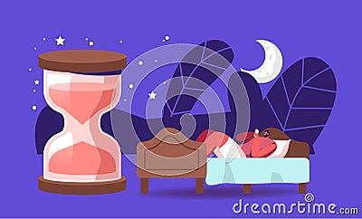 Biological Clock, Night Dream, Nap, Bedding Time. Young Man Suffer of Insomnia can not Sleeping. Male Character Relaxing Vector Illustration