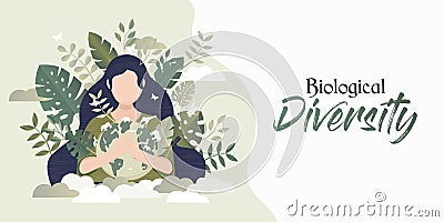 Biological diversity banner woman hugging planet Vector Illustration