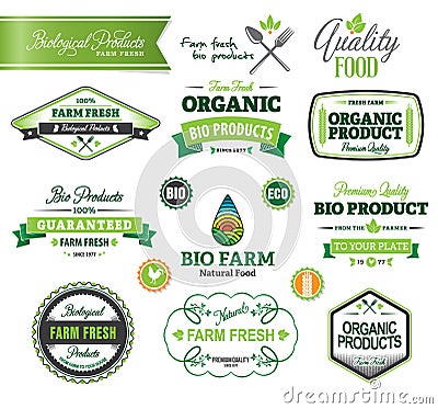 Biological and Natural Farm Fresh crests, icons an Vector Illustration