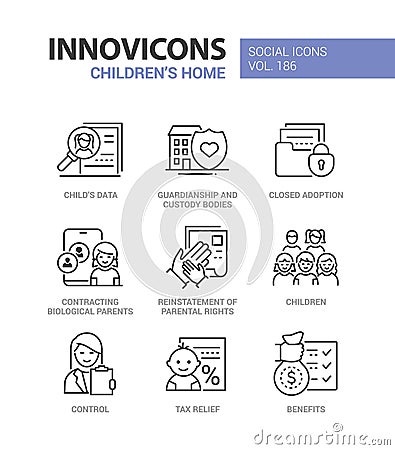 Biological parents and foster family - line design style icons set Vector Illustration