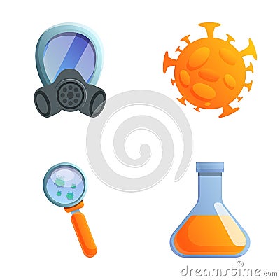 Biological pollution icons set cartoon vector. Gas mask bacteria and lab flask Vector Illustration