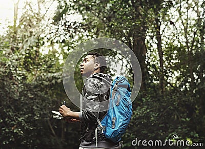 Biologist in a forest exploring Stock Photo
