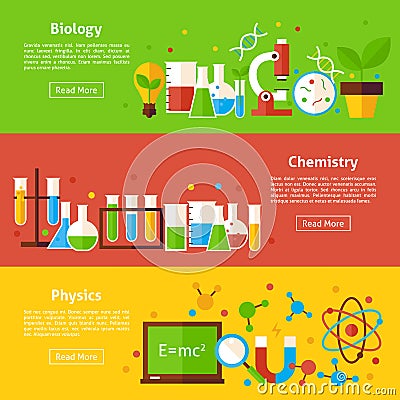 Biology Chemistry Physics Science Flat Horizontal Banners Vector Illustration