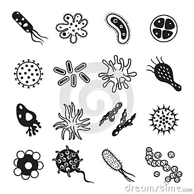 Biology diseases virus and mold bacteria hygiene icon. Biological disease and immune black icons vector set Vector Illustration
