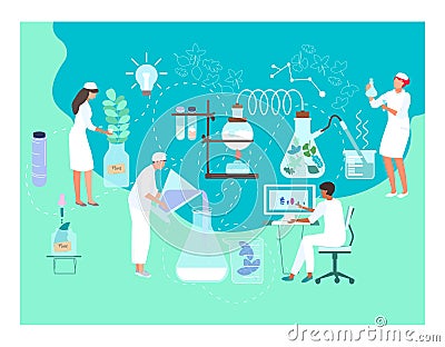 Biology doctor tiny character male female research fellow scientist flat vector illustration. Medical working Vector Illustration