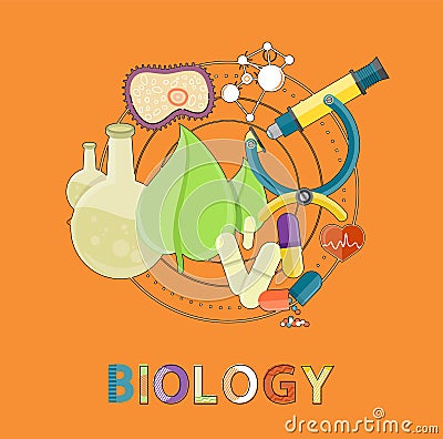 Biology Emblem with Lab Equipment for Researches Vector Illustration