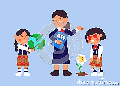 Biology and geography. Kids with teacher, college or preschool children in uniform. Girls love planet and nature Vector Illustration