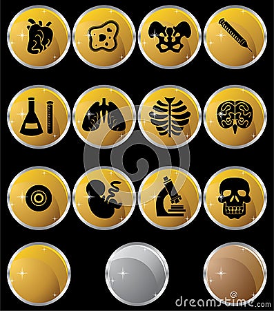 Biology Icon Set - Gold Buttons Vector Illustration