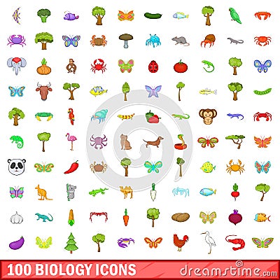 100 biology icons set, cartoon style Vector Illustration