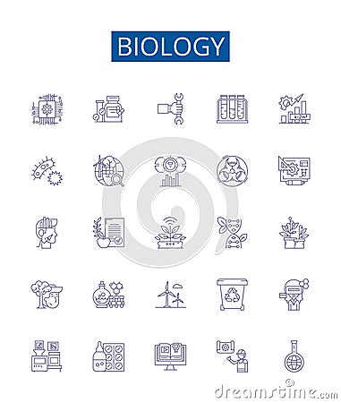 Biology line icons signs set. Design collection of Organism, Cell, Genetics, Evolution, Ecology, Biochemistry Vector Illustration