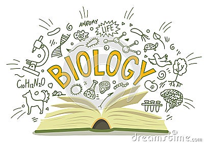 Biology. Open book with doodles with lettering. Vector Illustration