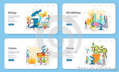 Biology school subject web banner or landing page set. Scientist Vector Illustration