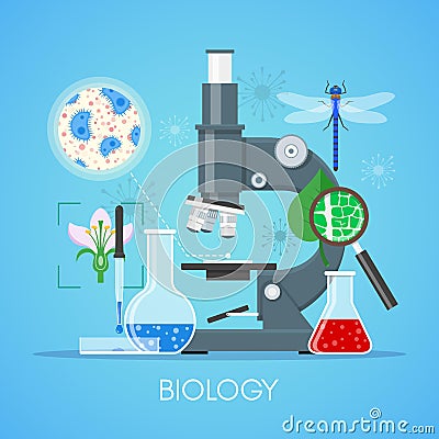 Biology science education concept vector poster in flat style design. School laboratory equipment Vector Illustration