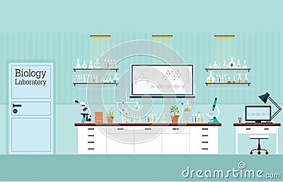 Biology Science lab interior or laboratory room. Vector Illustration