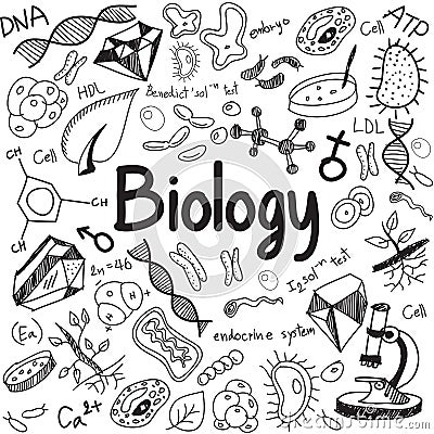 Biology science theory doodle handwriting and tool model icon in Vector Illustration