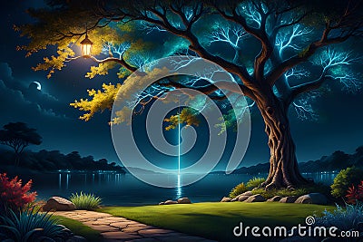 Bioluminescence tree light glowing at night-time in a cool home-friendly field Stock Photo