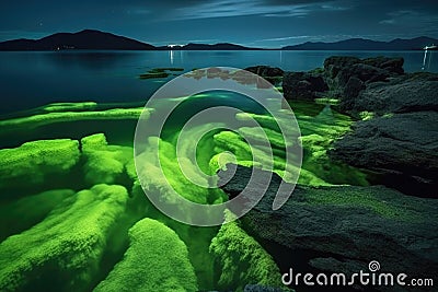 bioluminescent algae illuminating rocky coastline Stock Photo