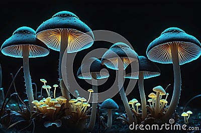 Bioluminescent Enchantment: Translucent Fluorescent Mushrooms Sprouting on a Pitch-Black Background, Caps and Stems Aglow Stock Photo