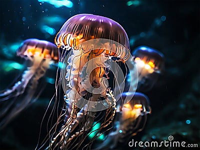 Bioluminescent jellyfish in underwater cave macro Stock Photo