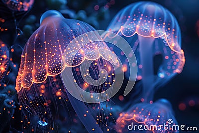 Bioluminescent life forms dancing around the cosmic web a visual symphony of natures connection to the universe Stock Photo