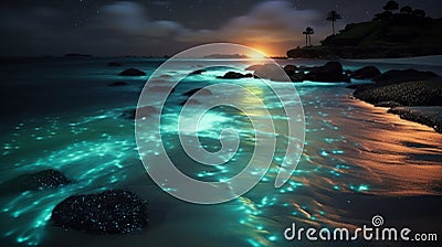 Bioluminescent Night: Illuminating Waves on the Beach Stock Photo