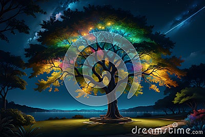 a bioluminescent tree and its branches aglow stands in the midst of a cool and inviting field Stock Photo