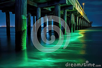 bioluminescent waves gently lapping at a piers pilings Stock Photo