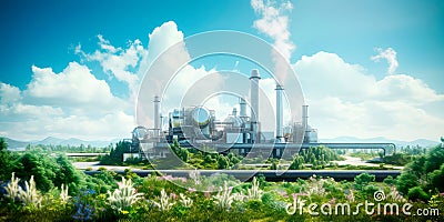 biomass power plant utilizing organic waste to produce energy, surrounded by lush greenery. Generative Ai Stock Photo