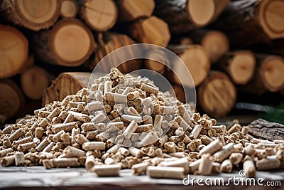 Biomass wood pellets pile and woodpile. Generative AI Stock Photo