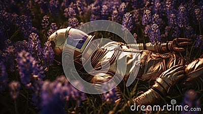 Biomechanical astronaut lying in a meadow of purple HYACINTH. Generative AI Stock Photo