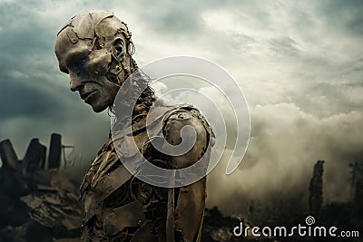 biomechanical disintegrating robot in form of human against the background of post apocalyptic landscape, with destroyed Stock Photo