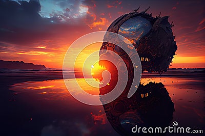 Biomechanical skull or head on water, sunset landscape. Generative ai Stock Photo