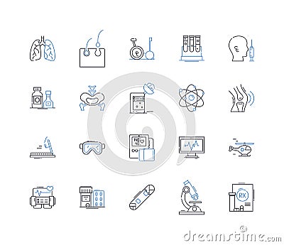 Biomedical engineering line icons collection. Prosthetics, Bioinformatics, Biomechanics, Tissue engineering Vector Illustration