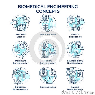 Biomedical engineering soft blue concept icons Vector Illustration
