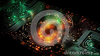 Biometric Authentication Fingerprint Scanning Circuit Board Background Green Orange. Generative AI Stock Photo