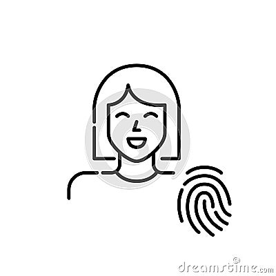 Biometric control system. Female user and fingerprint id. Pixel perfect icon Vector Illustration