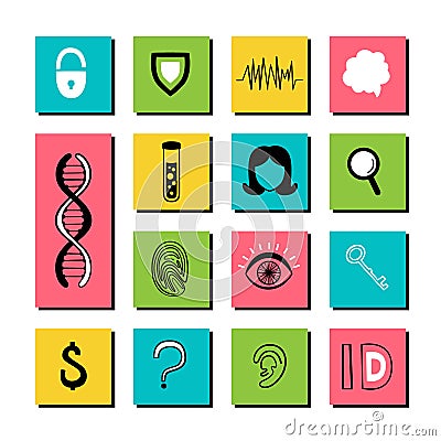 Biometric data. Vector set of hand-drawn icons and inscriptions. Fingerprints, DNA, eyeball, test tubes, skull, face, sensor Stock Photo