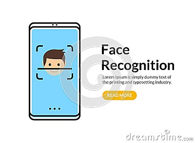 Biometric face recognition on smartphone. Facial scan security system technology. Face authentication identification Vector Illustration