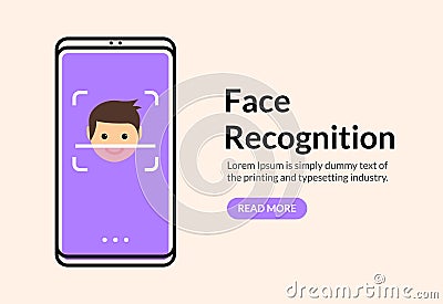 Biometric face recognition on smartphone. Facial scan security system technology. Face authentication identification Vector Illustration