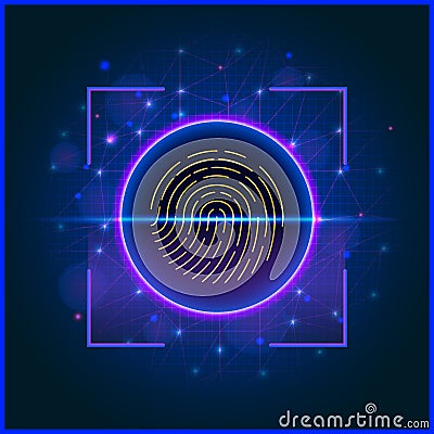 Biometric fingerprint scan for access to protected digital data. Cyber security technology concept. Vector Illustration