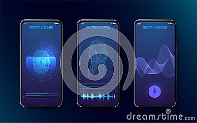 Biometric fingerprint scanners, face recognition and voice recognition for authorization verification with futuristic Vector Illustration