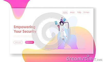Biometric ID Fingerprint Scanning, Cyber Security Website Landing Page. Man Sit on Huge Mobile with Shield in Hand Vector Illustration