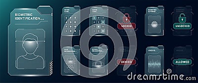 Biometric ID HUD elements. User face voice recognition GUI FUI digital interface. Person security verification code Vector Illustration