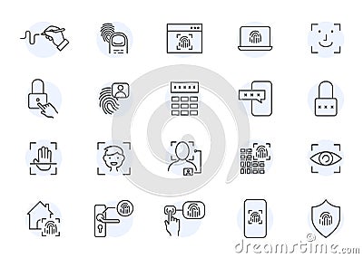 Biometric login line icon, Fingerprint password mail voice identity. Biometric detect eye face scan signature Vector Illustration